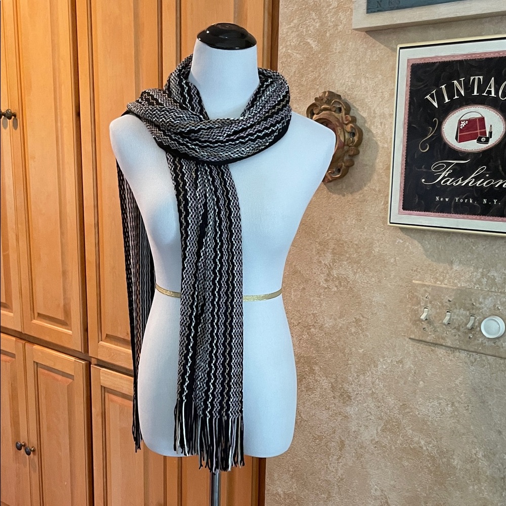 Missoni Italian Black Fringe Tip Knit Scarf with Pink and Ivory Colored Accents